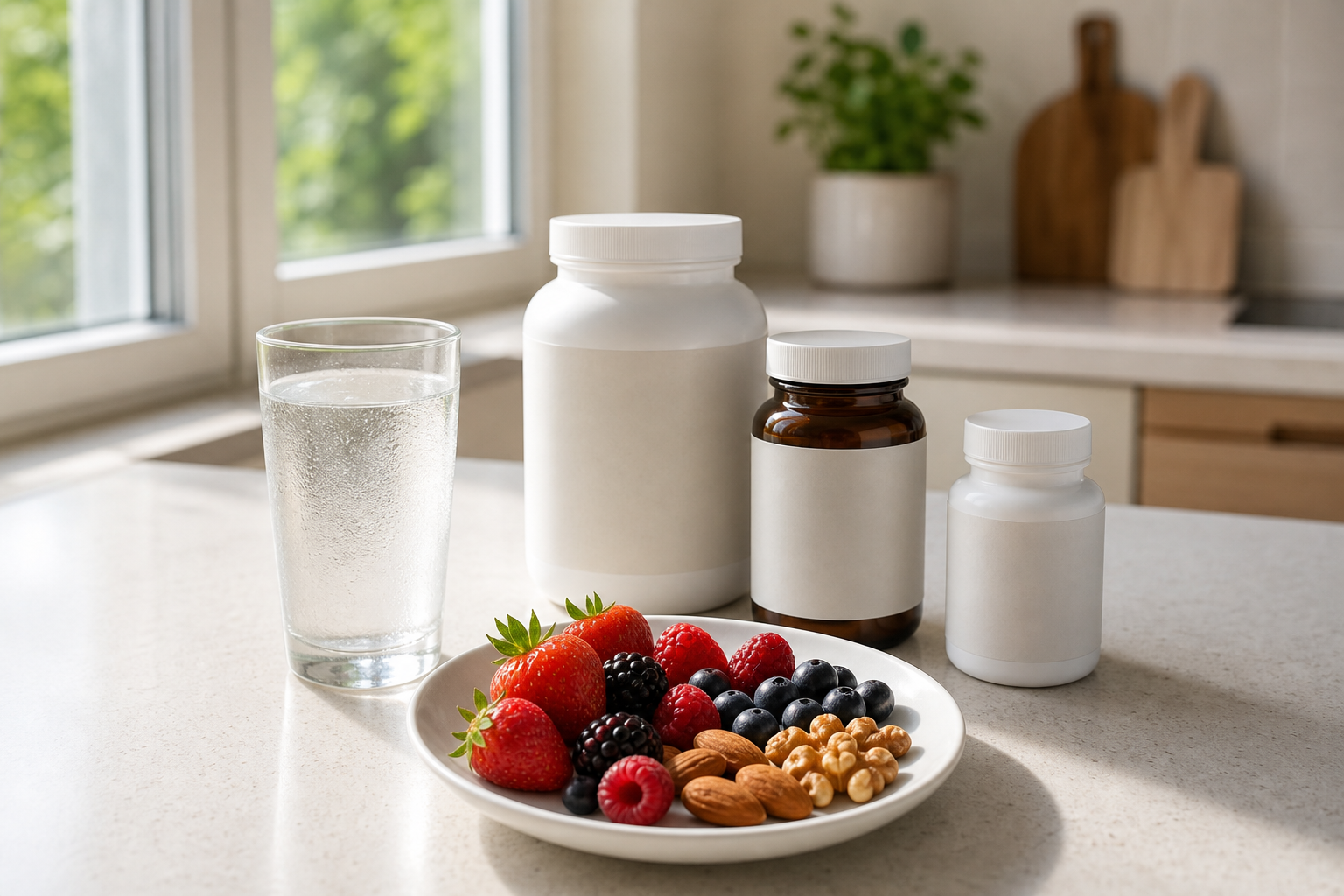 Counter with joint supplement bottles, berries, nuts, and water in bright kitchen