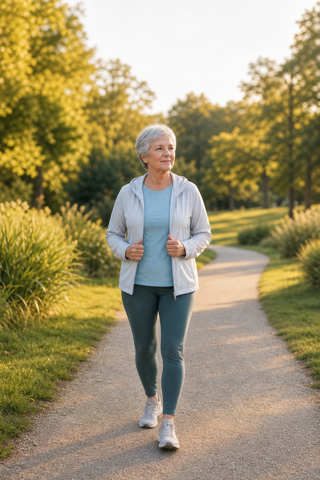 Mature woman starting a walk on a green path for joint health over 50