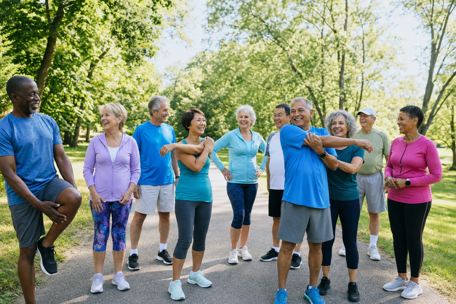Group of adults over 50 stretching before a joint-friendly walk outdoors