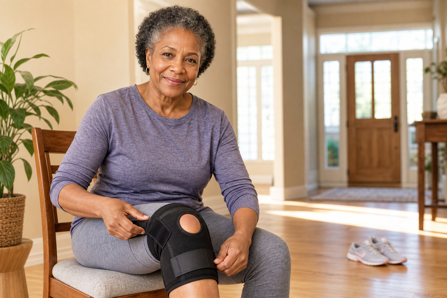Hands adjusting knee brace for walking program for joint health