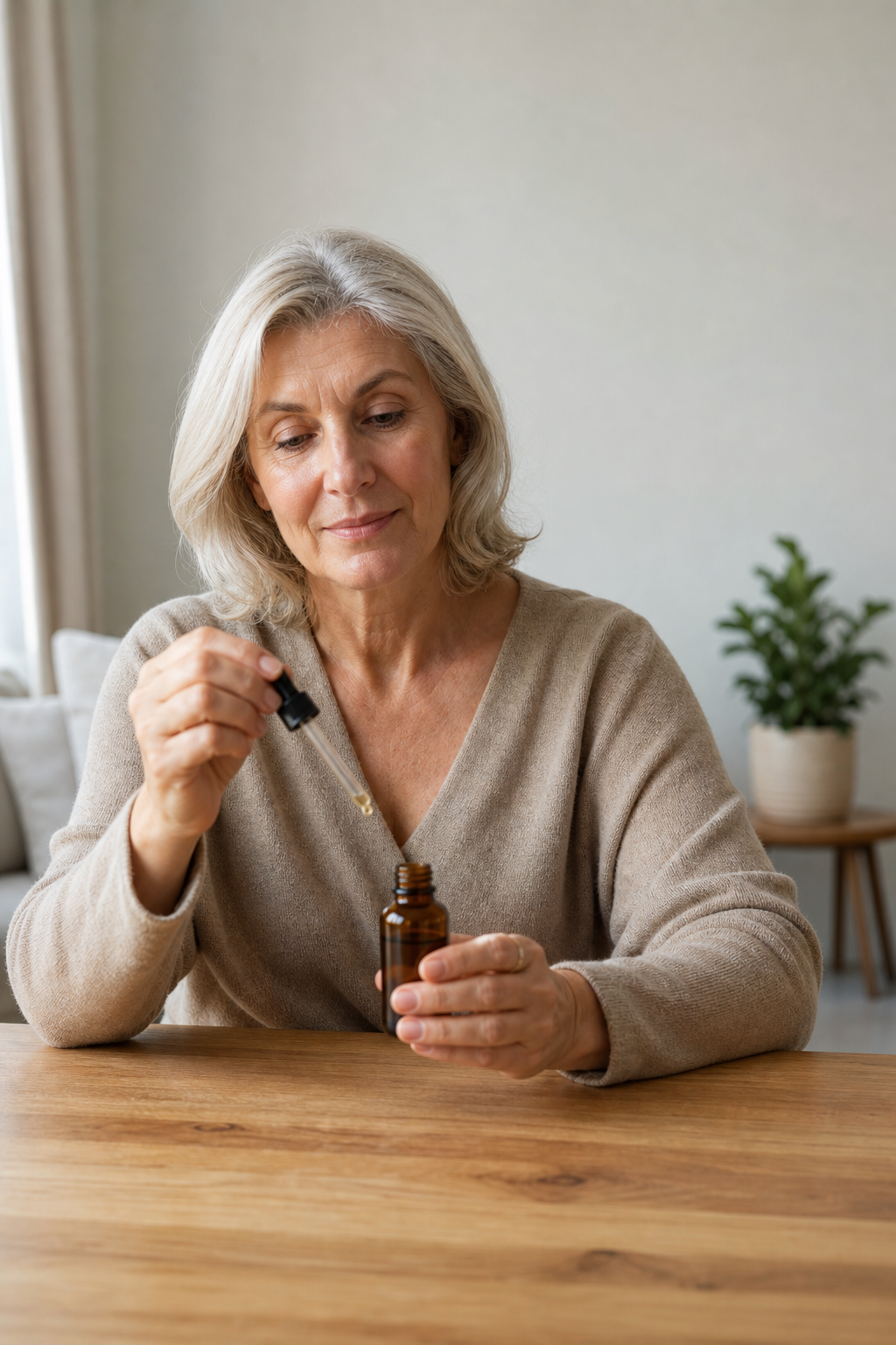 Senior hands holding CBD oil dropper for joint pain