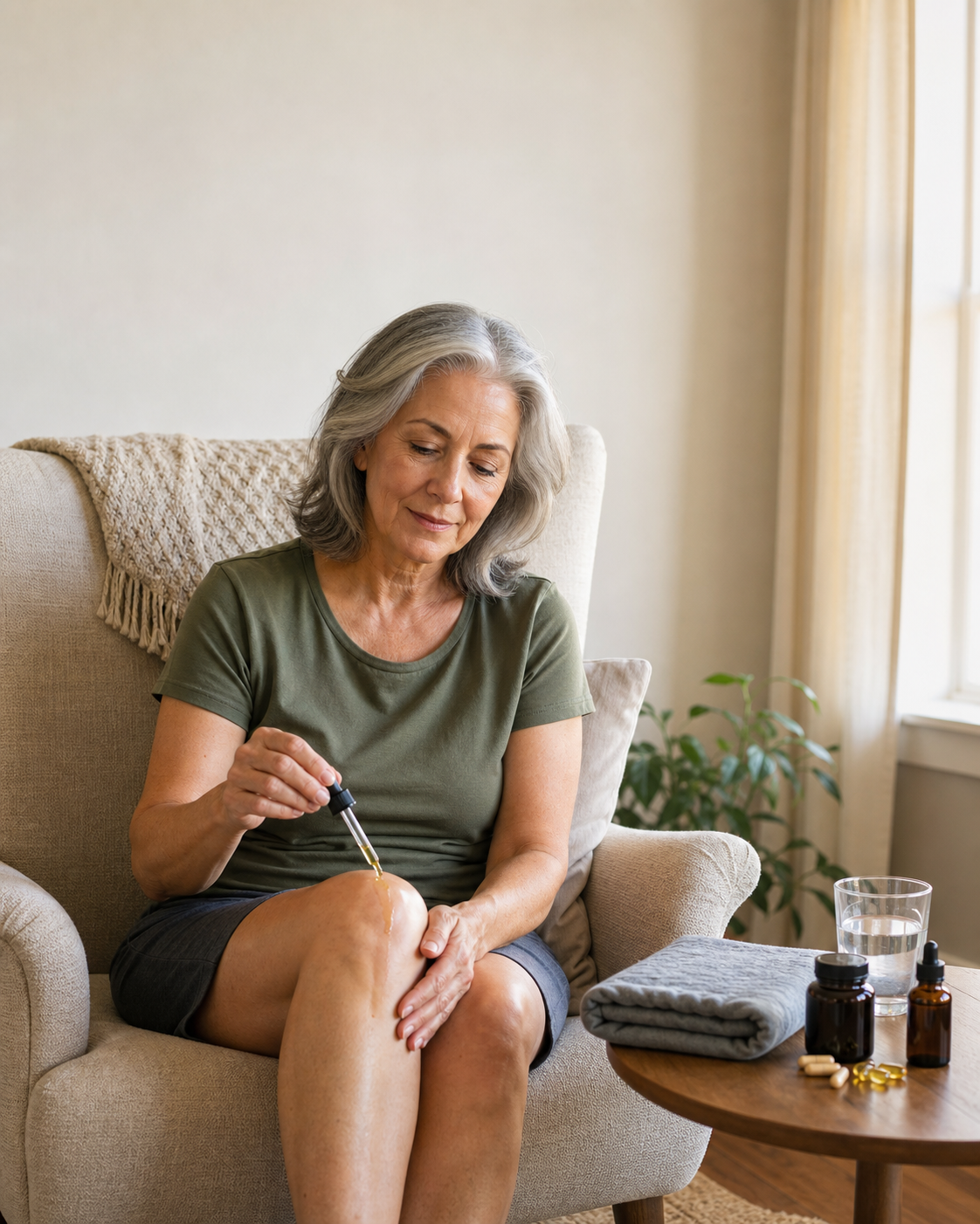 Older adult applying CBD oil to knee at home