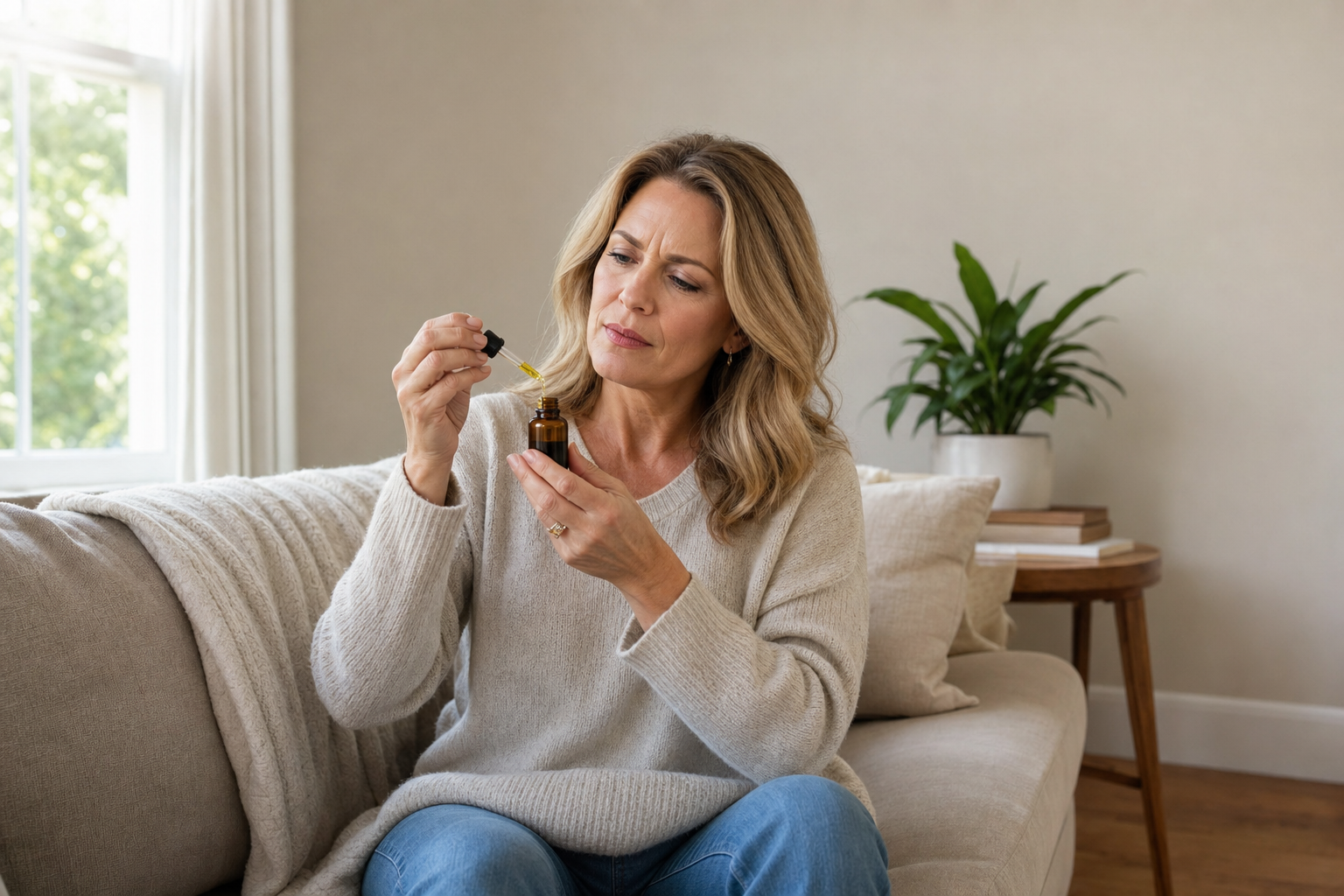 Woman examining CBD oil bottle for joint pain relief at home