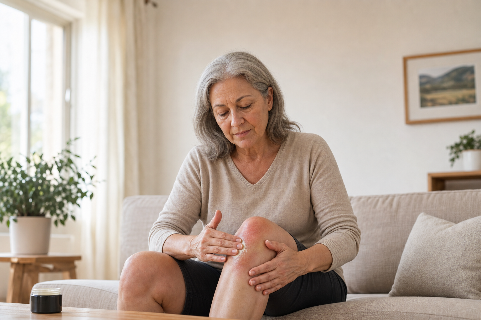 Applying CBD balm to arthritic knee for joint inflammation