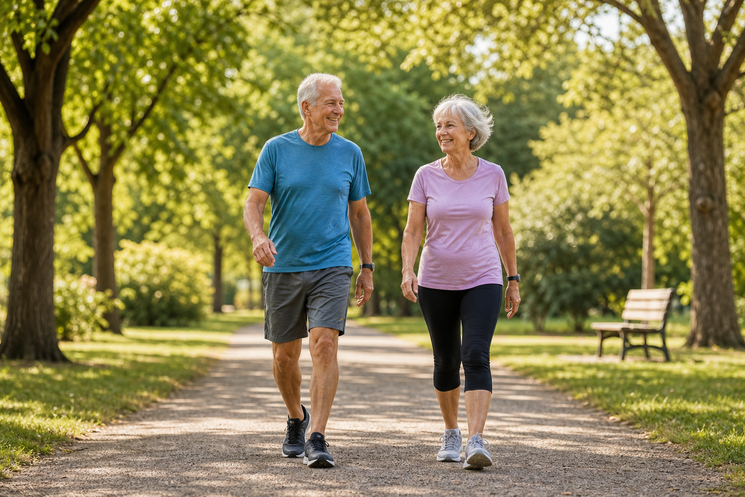 Older couple walking comfortably outdoors, healthy joints
