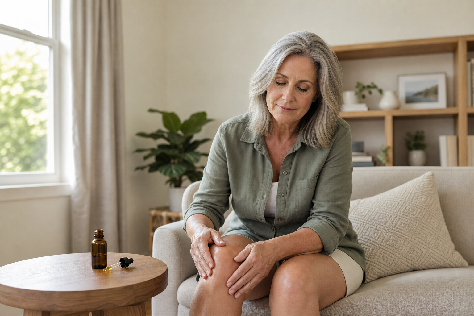 Woman applying CBD oil to sore knee at home