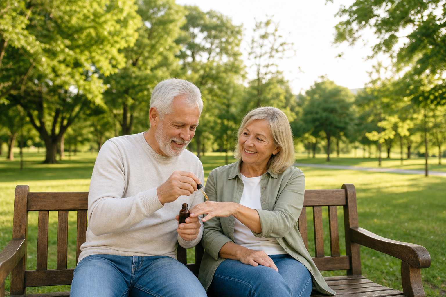 Senior couple using CBD oil for hand joint pain outdoors