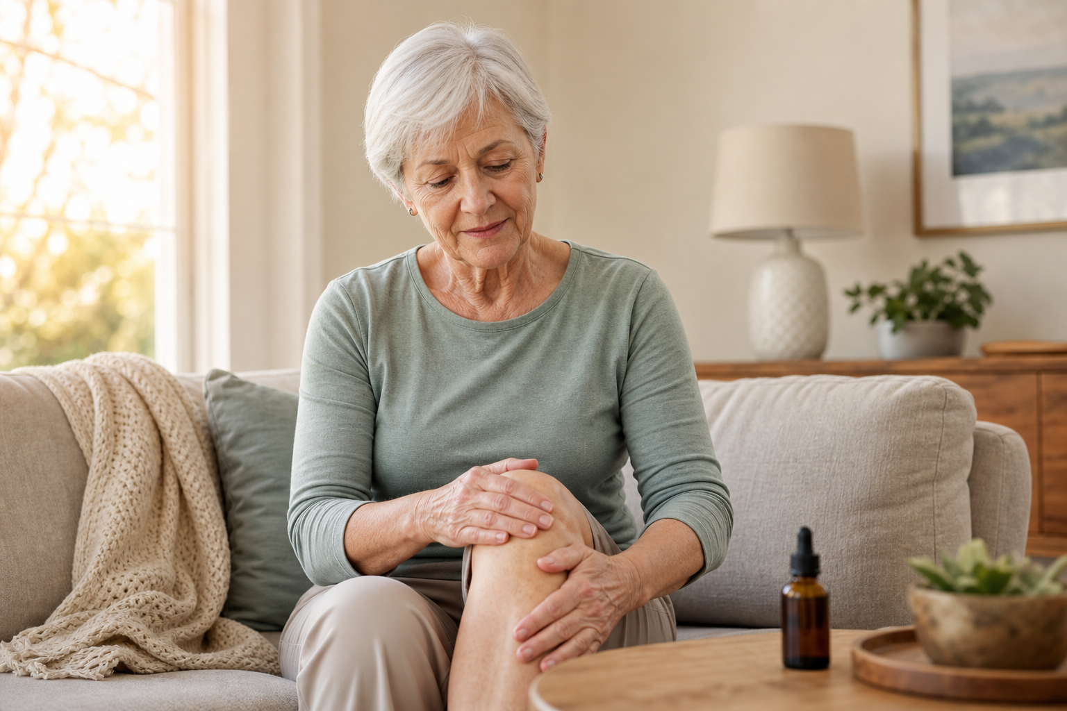 Senior applying CBD oil to knee for joint pain in cozy living room