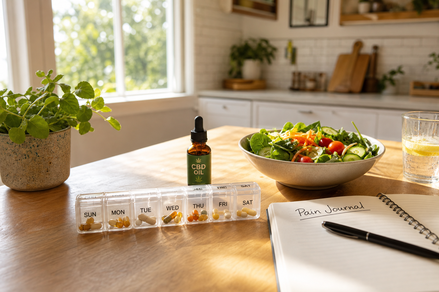 Kitchen table with CBD oil, salad, pill organizer, and open pain journal