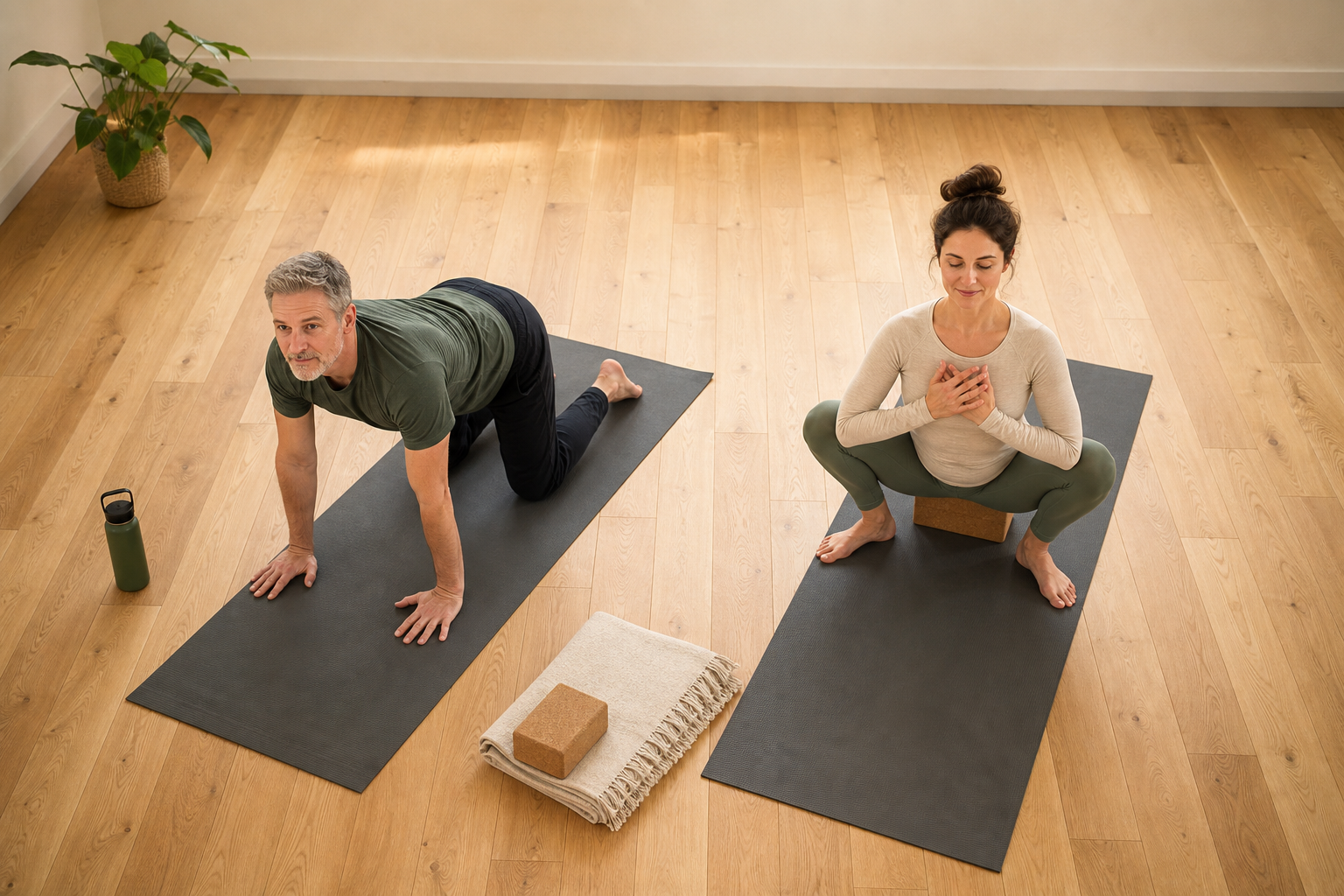 Man and woman demonstrating yoga poses for mobility on mat