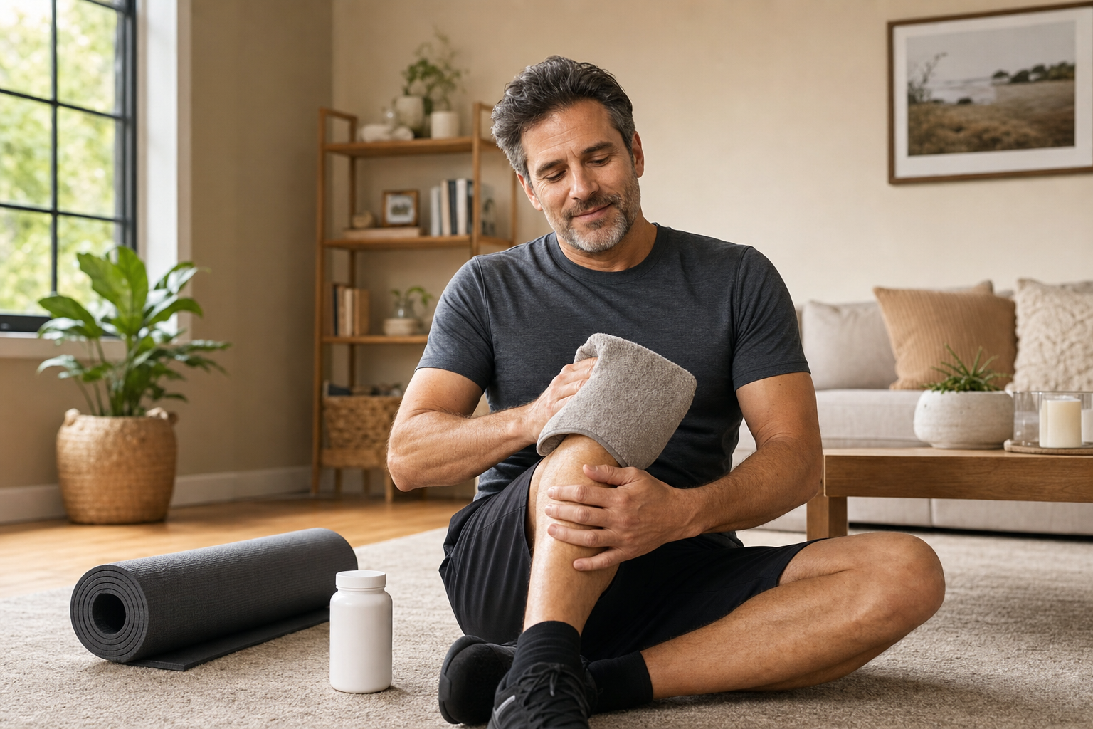 Hands using heating pad on knee with yoga mat and supplement nearby