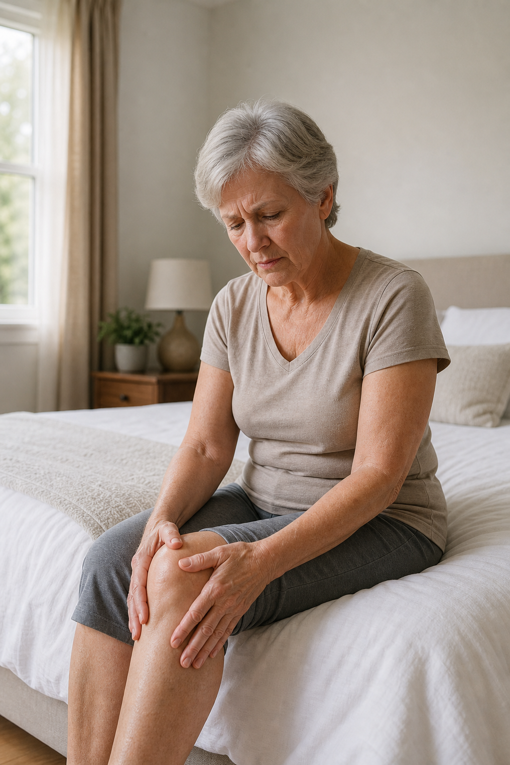 Older adult holding knee in pain, considering knee replacement surgery