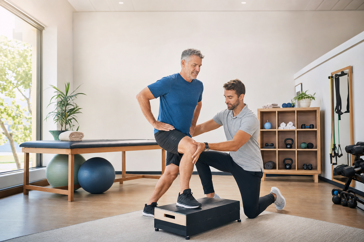Physical therapist guiding patient with knee arthritis through strengthening exercises