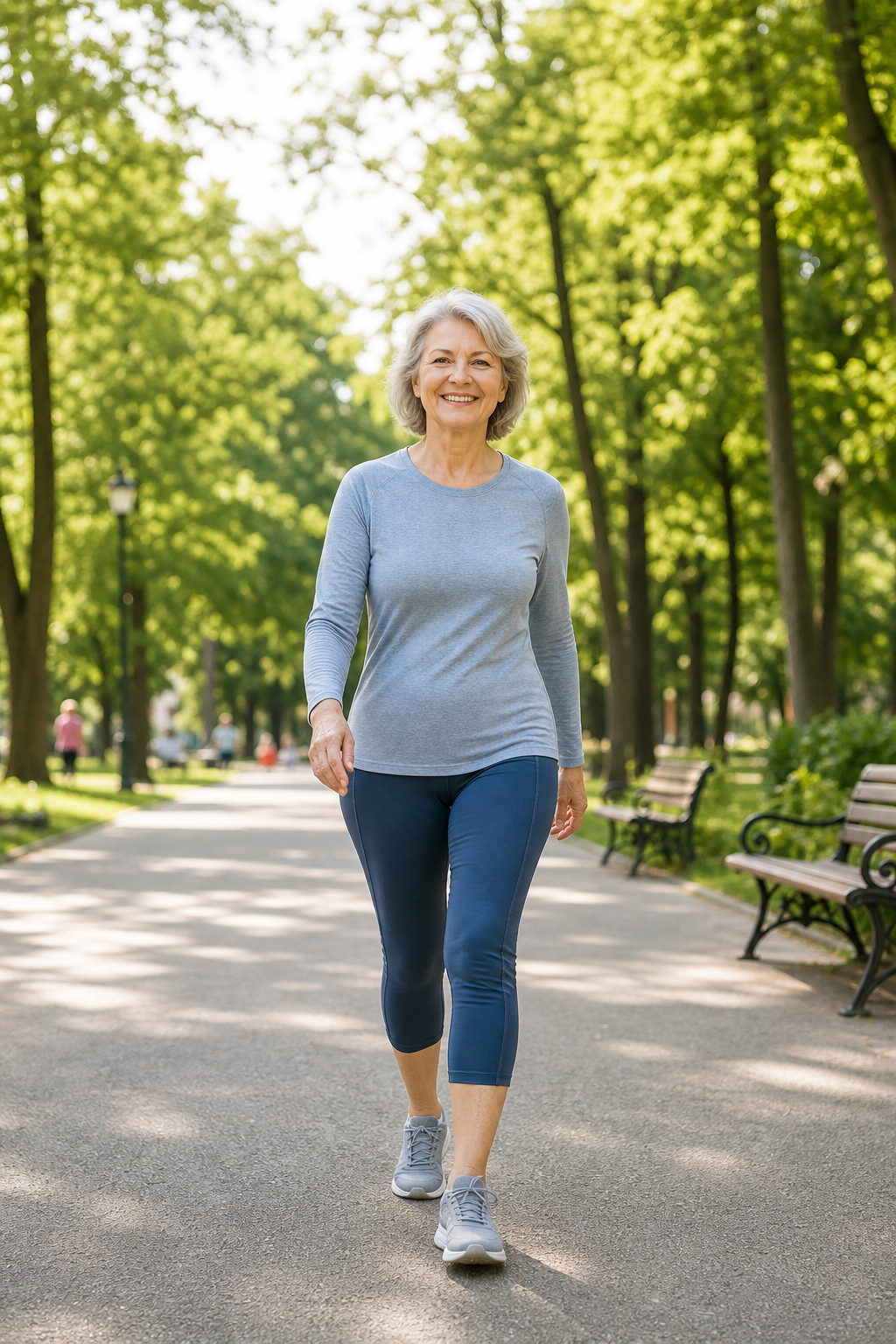Older woman walking confidently in park after successful knee replacement surgery