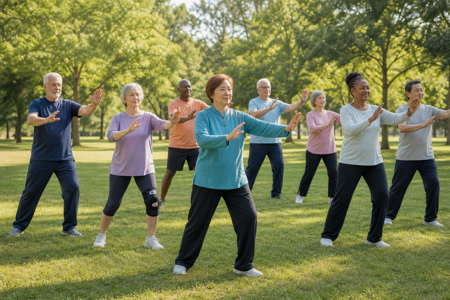 Older adults practicing tai chi in park, knee brace visible