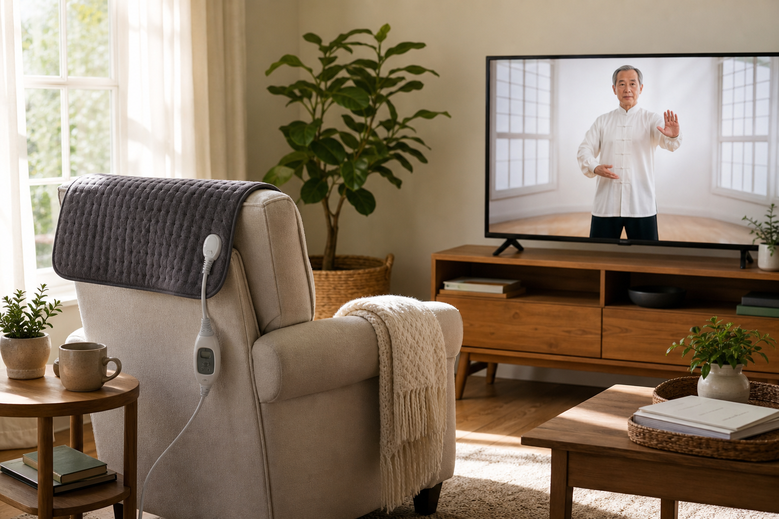 Home living room setup for tai chi with heating pad and instruction video