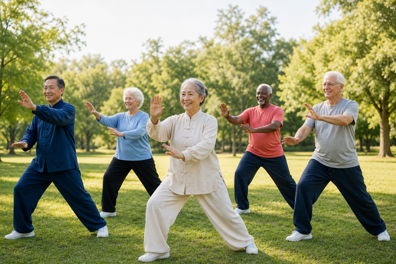 Group of seniors doing tai chi outside, smiling and moving gently.