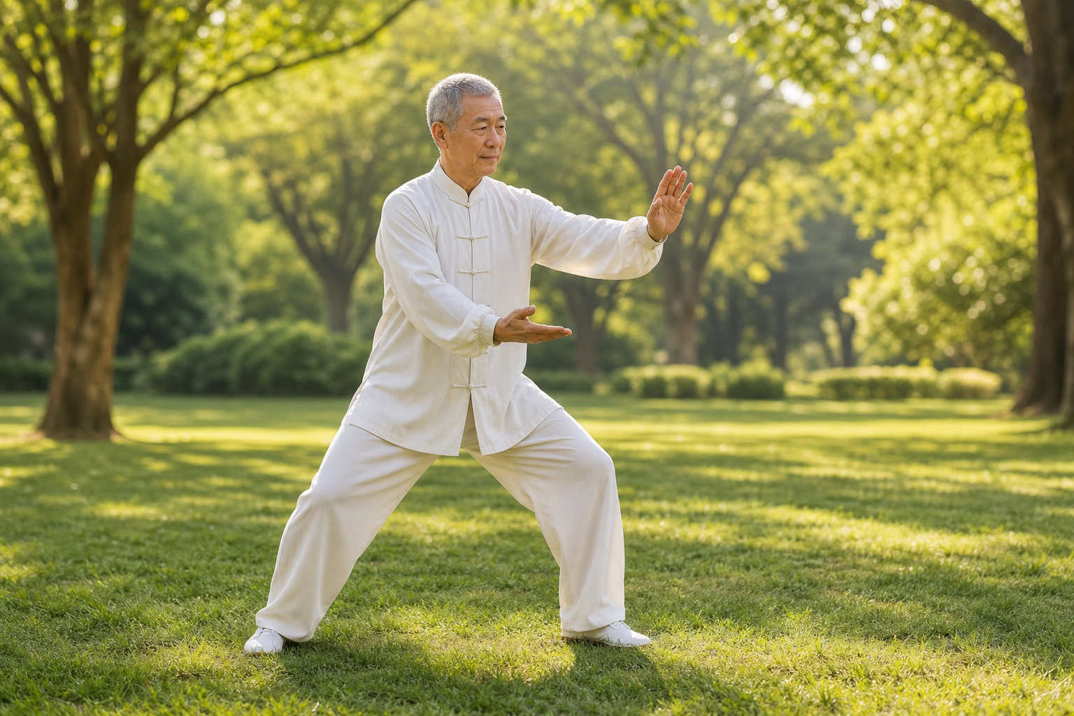 Close-up of senior hands and knees during a tai chi move, showing relaxed joints.
