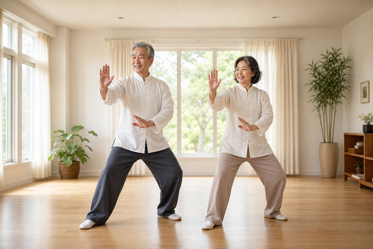 Older couple practicing tai chi at home, smiling and relaxed.