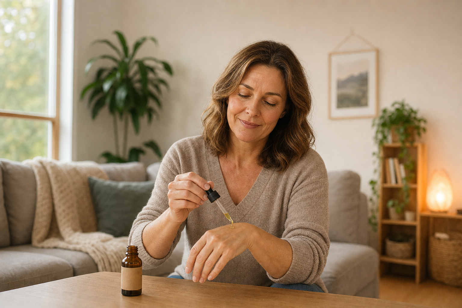 Middle-aged person applying CBD oil to hand for joint pain at home
