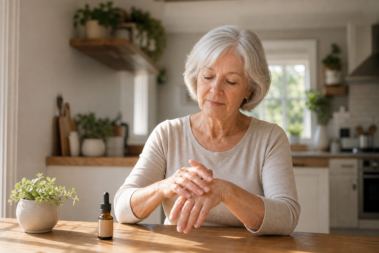 Senior woman massaging CBD oil into arthritic hands for inflammation