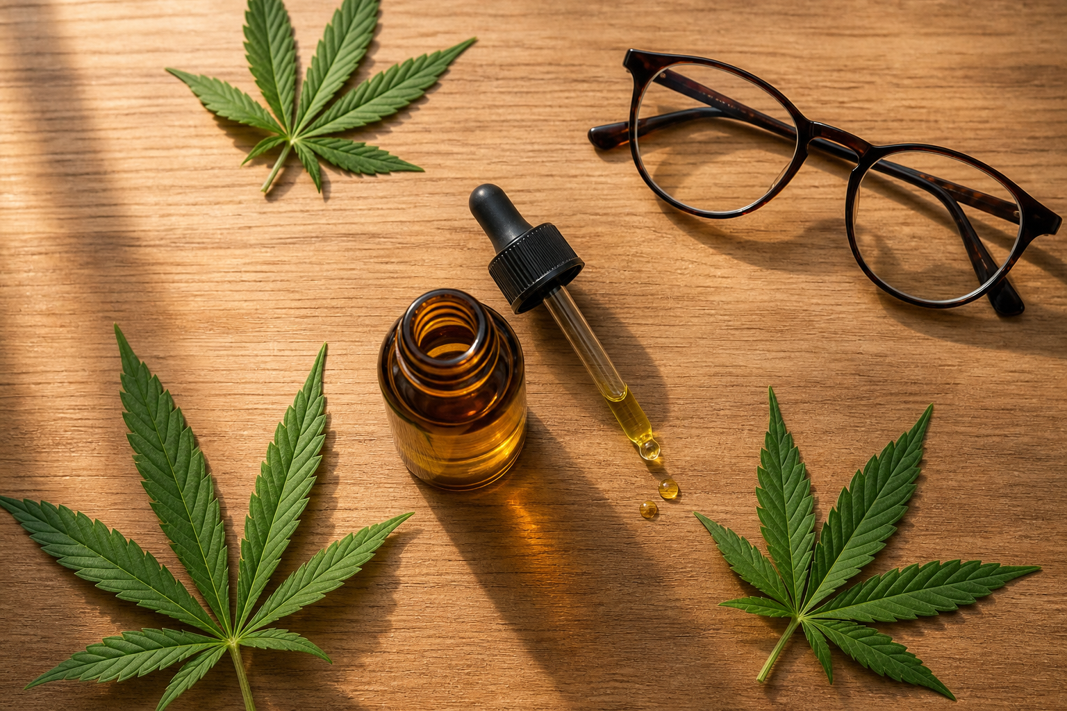 CBD oil bottle with hemp leaves on wooden table for joint health