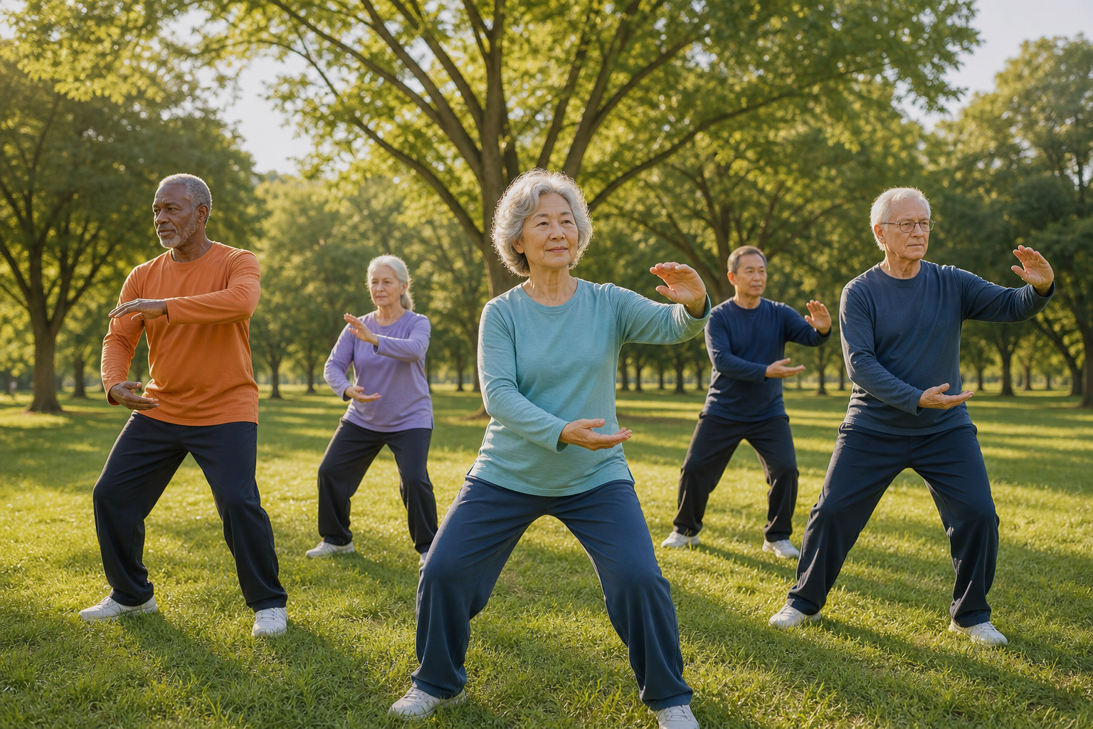 Older adults practicing tai chi outdoors for balance