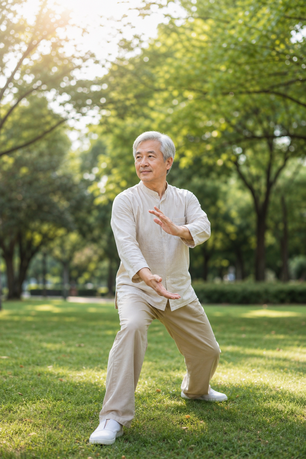 Senior knee and hand shown in a tai chi pose outdoors