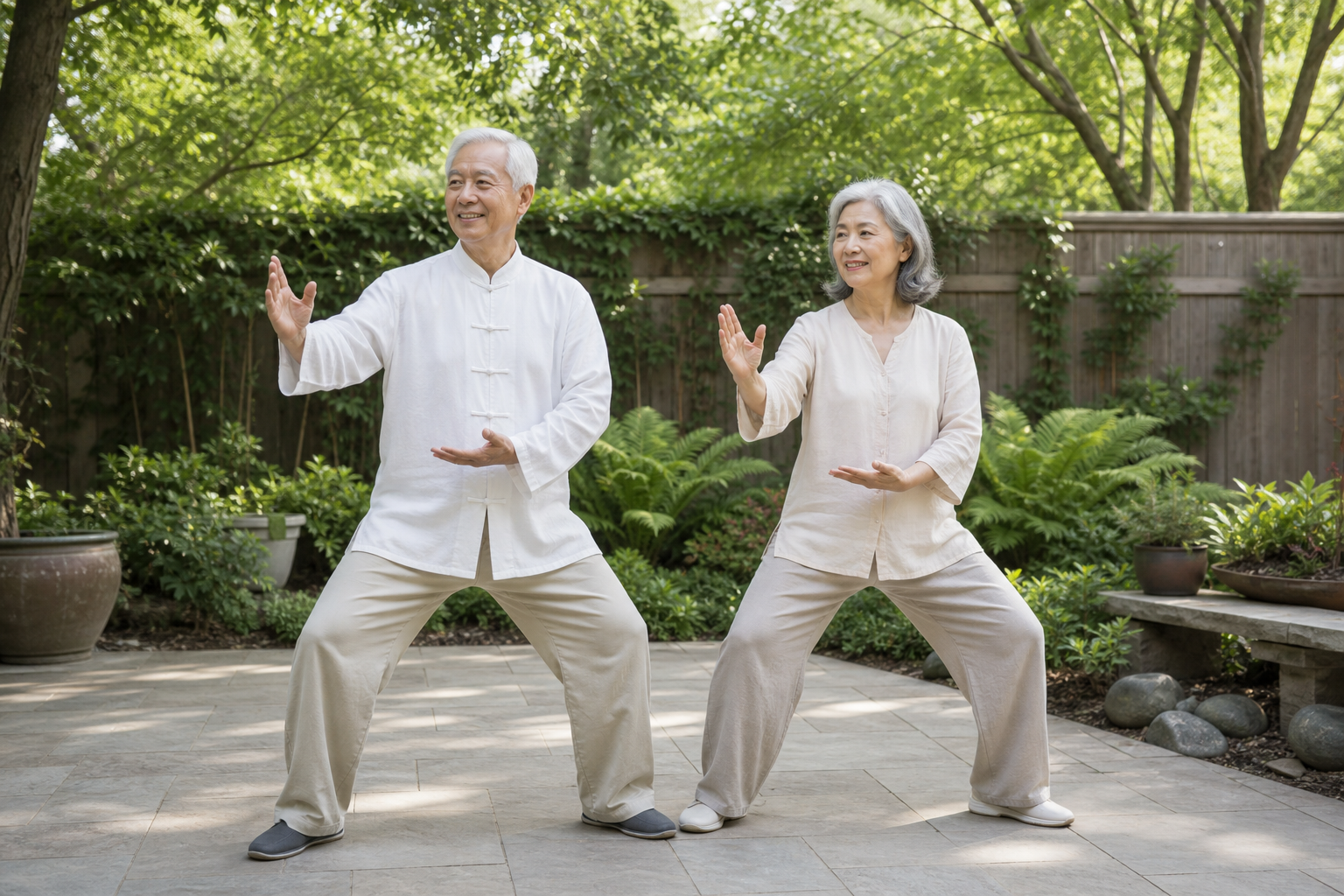 Senior couple performing tai chi for joint health