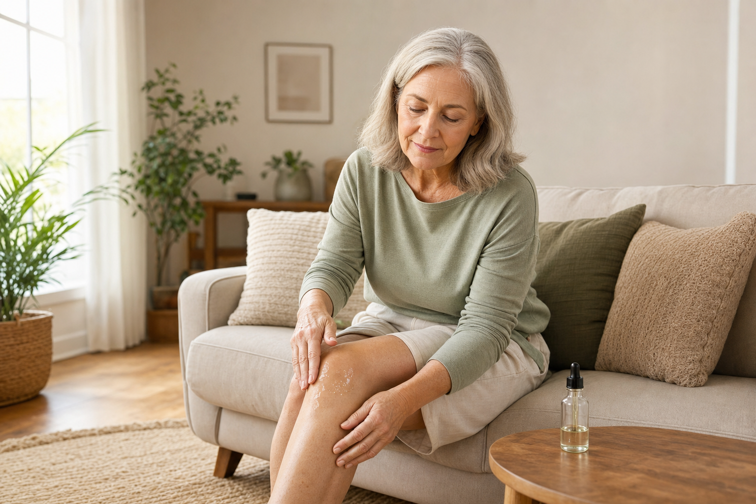 Older woman applying CBD oil to her knee for joint pain in a cozy living room