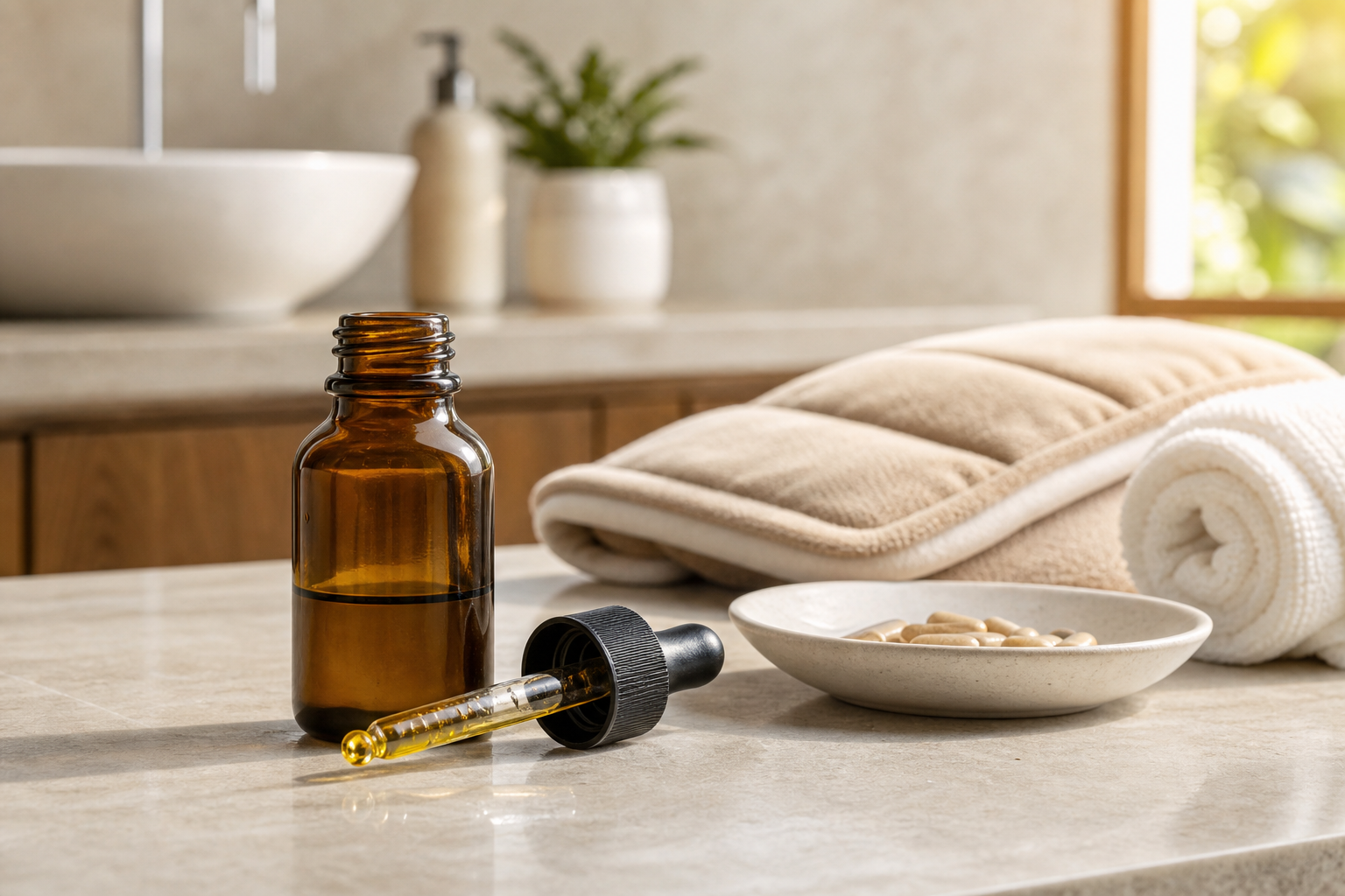 CBD oil bottle and dropper with joint care products on bathroom counter
