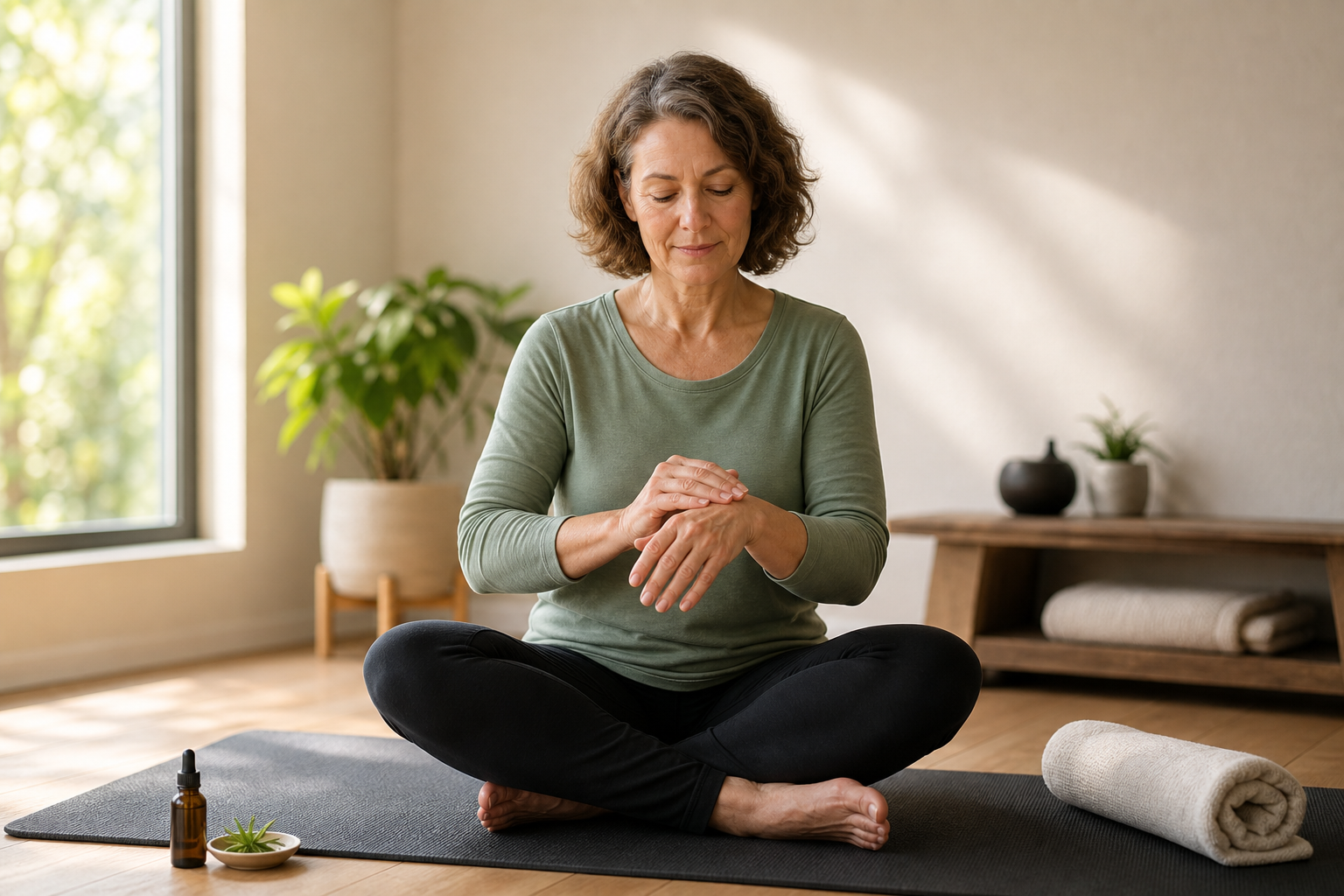 Person massaging CBD oil onto arthritic hands on yoga mat with sunlight