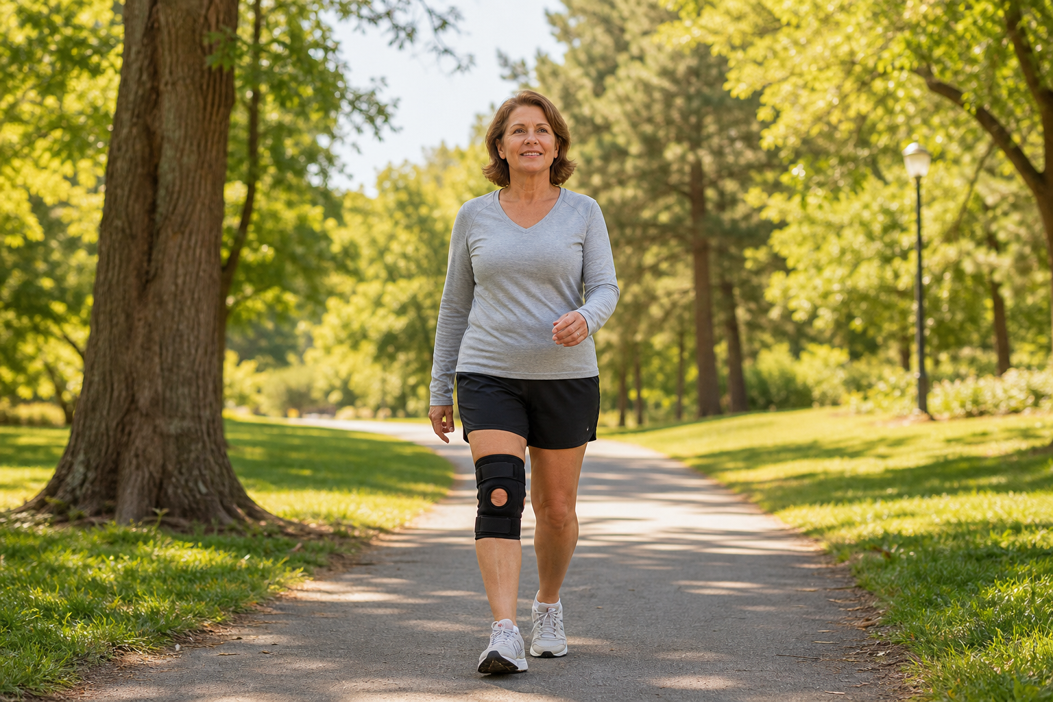 Middle-aged woman with knee support walking outdoors in park, determined and content.