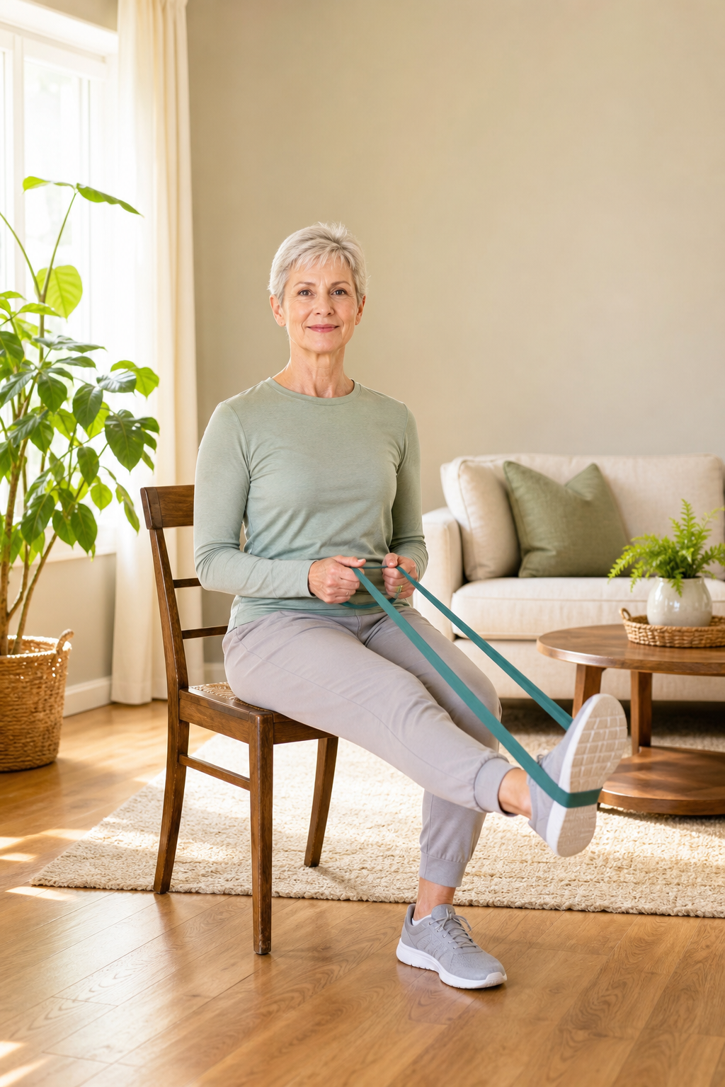 Hands doing resistance band knee extension at home, focusing on gentle exercise.