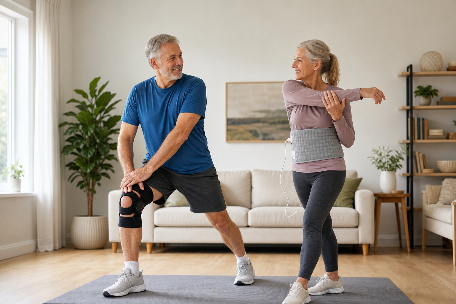 Older couple using knee brace and heating pad, stretching together at home.