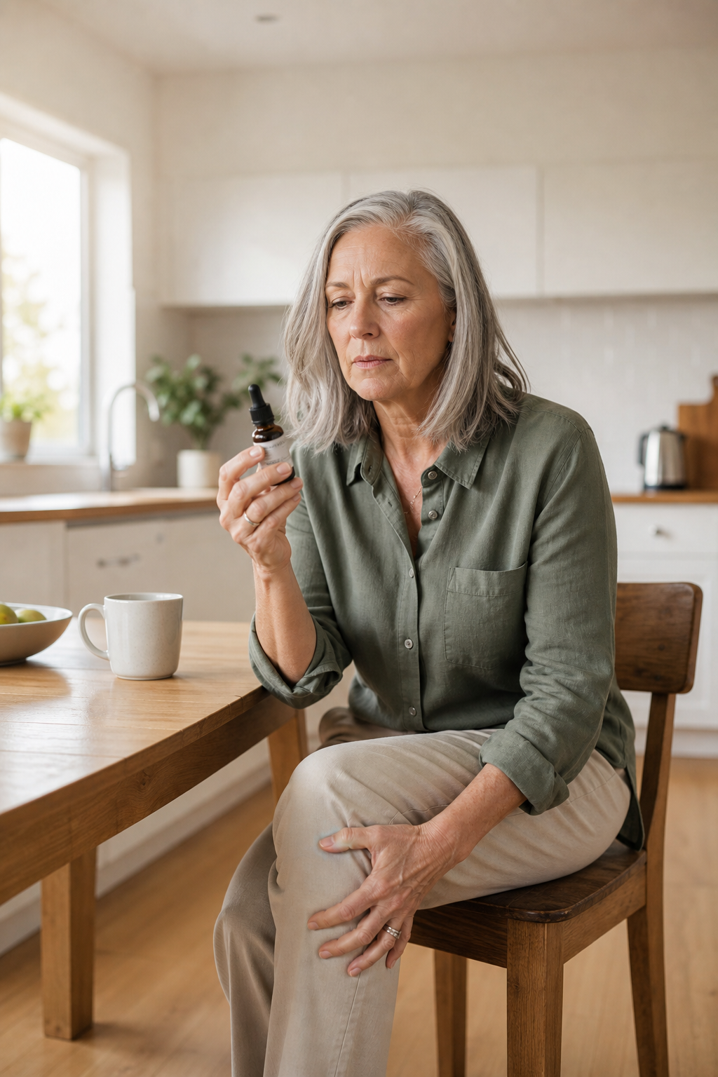 Person with joint pain reading CBD oil label at kitchen table