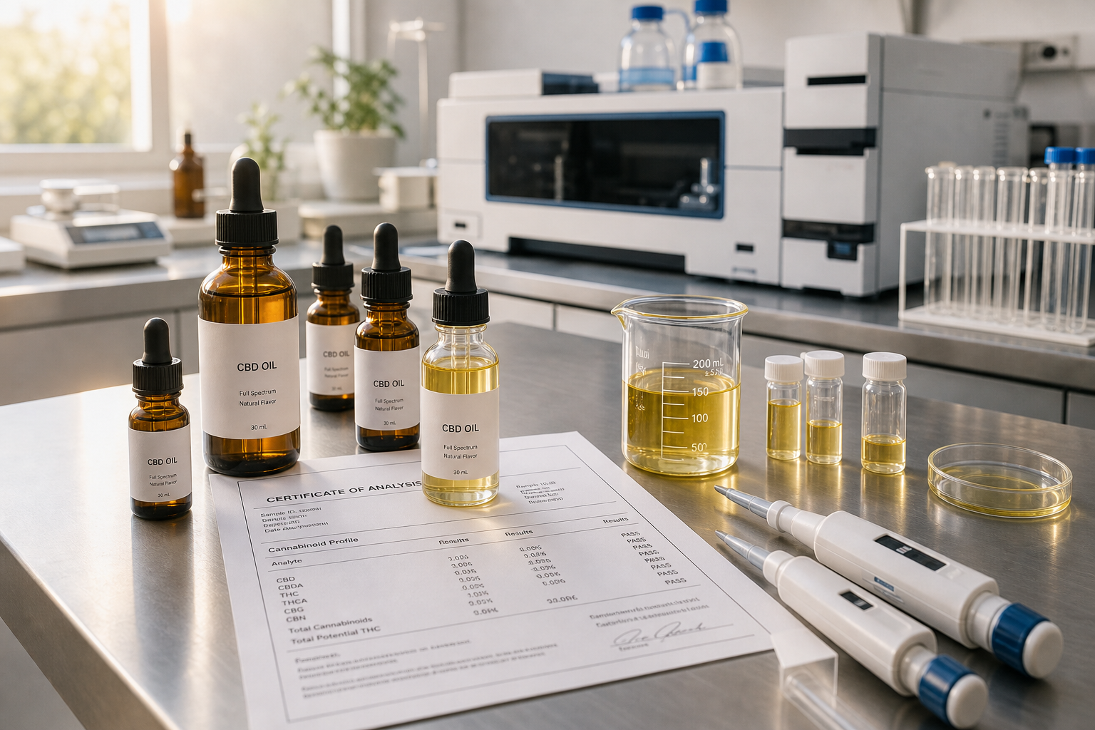 Lab bench with CBD oil bottles and Certificate of Analysis