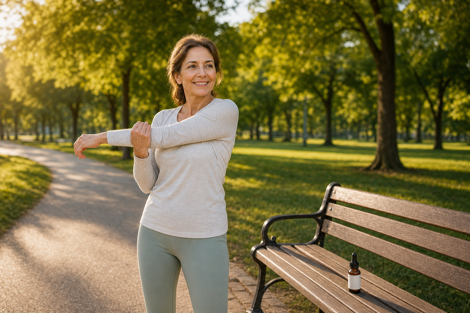 Woman stretching in park with CBD oil bottle on bench for joint comfort