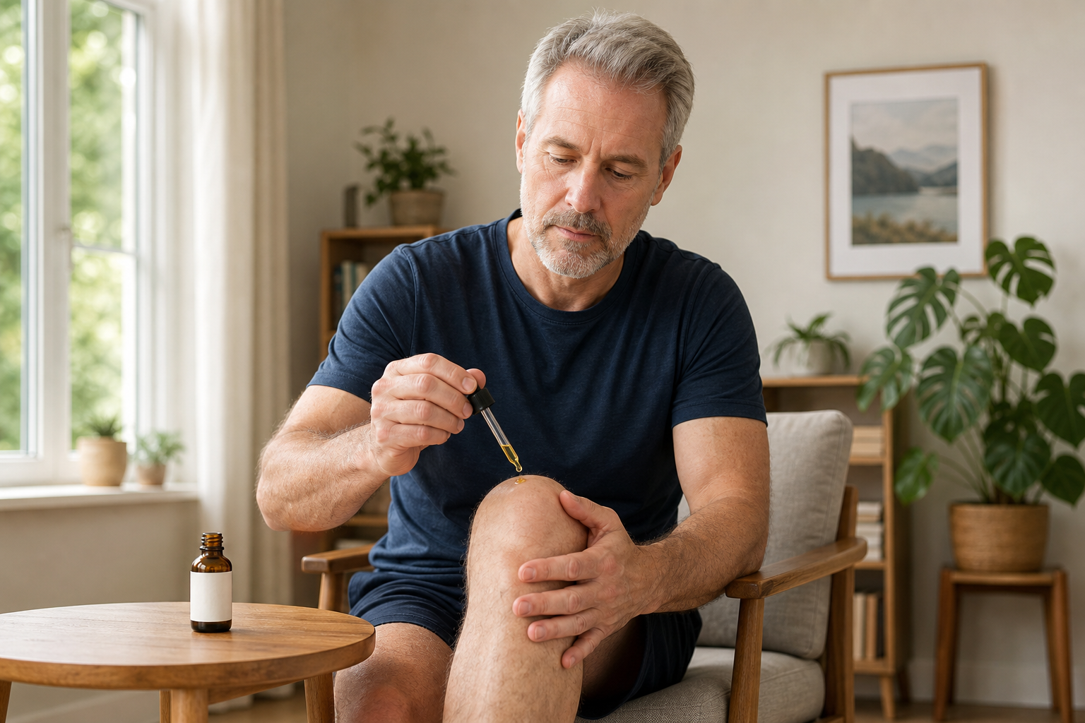 CBD oil dropper being applied to knee for joint pain and inflammation
