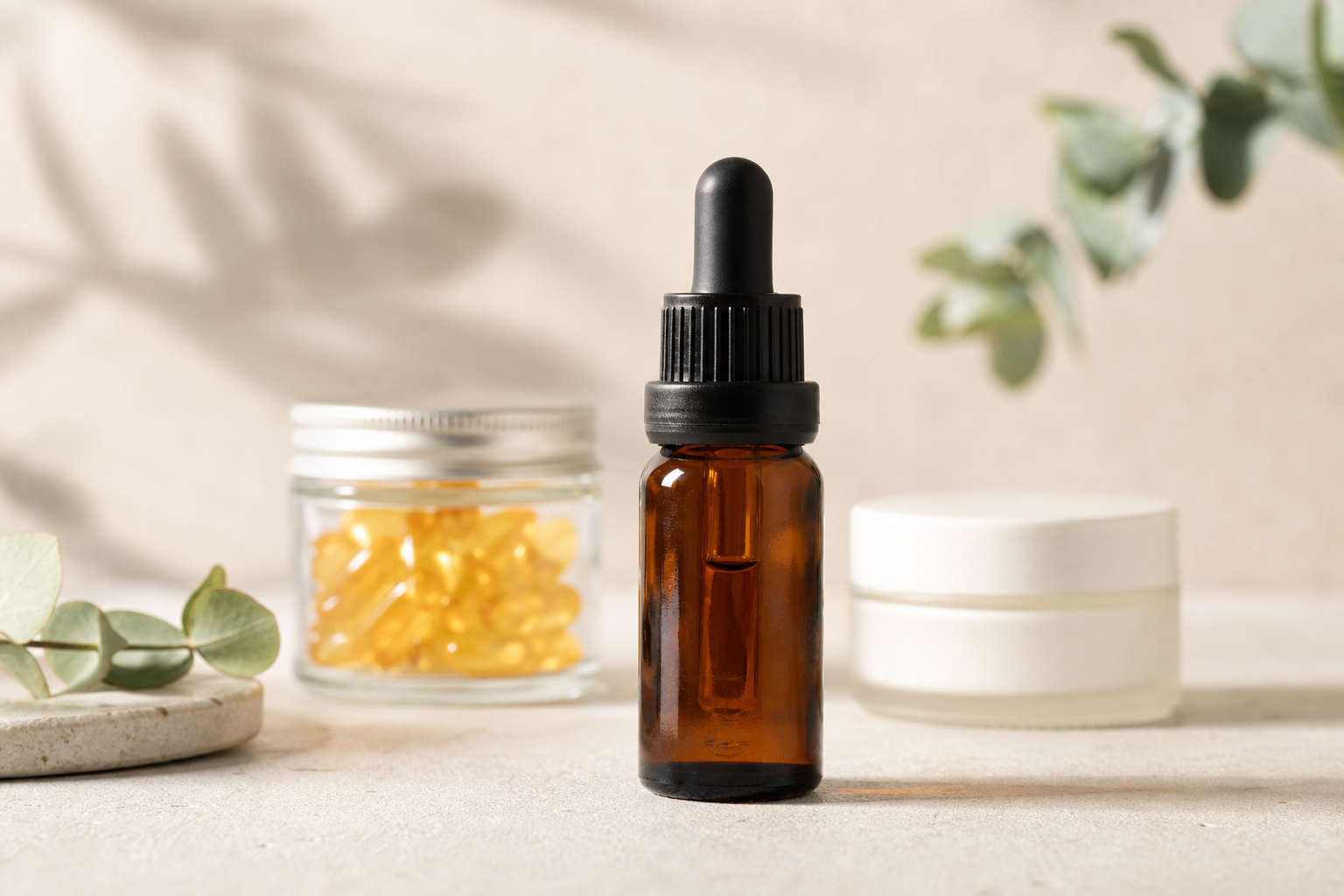 Assorted CBD oil products for joint pain including tincture, capsules, and cream