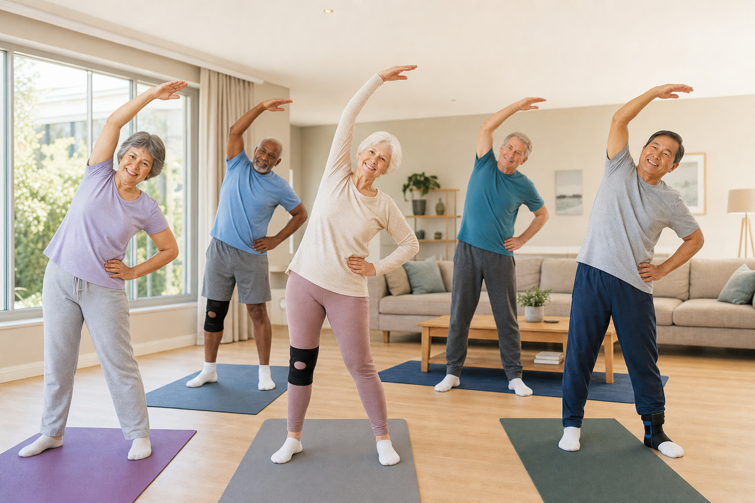 Seniors stretching with knee braces, supporting joint health and pain relief