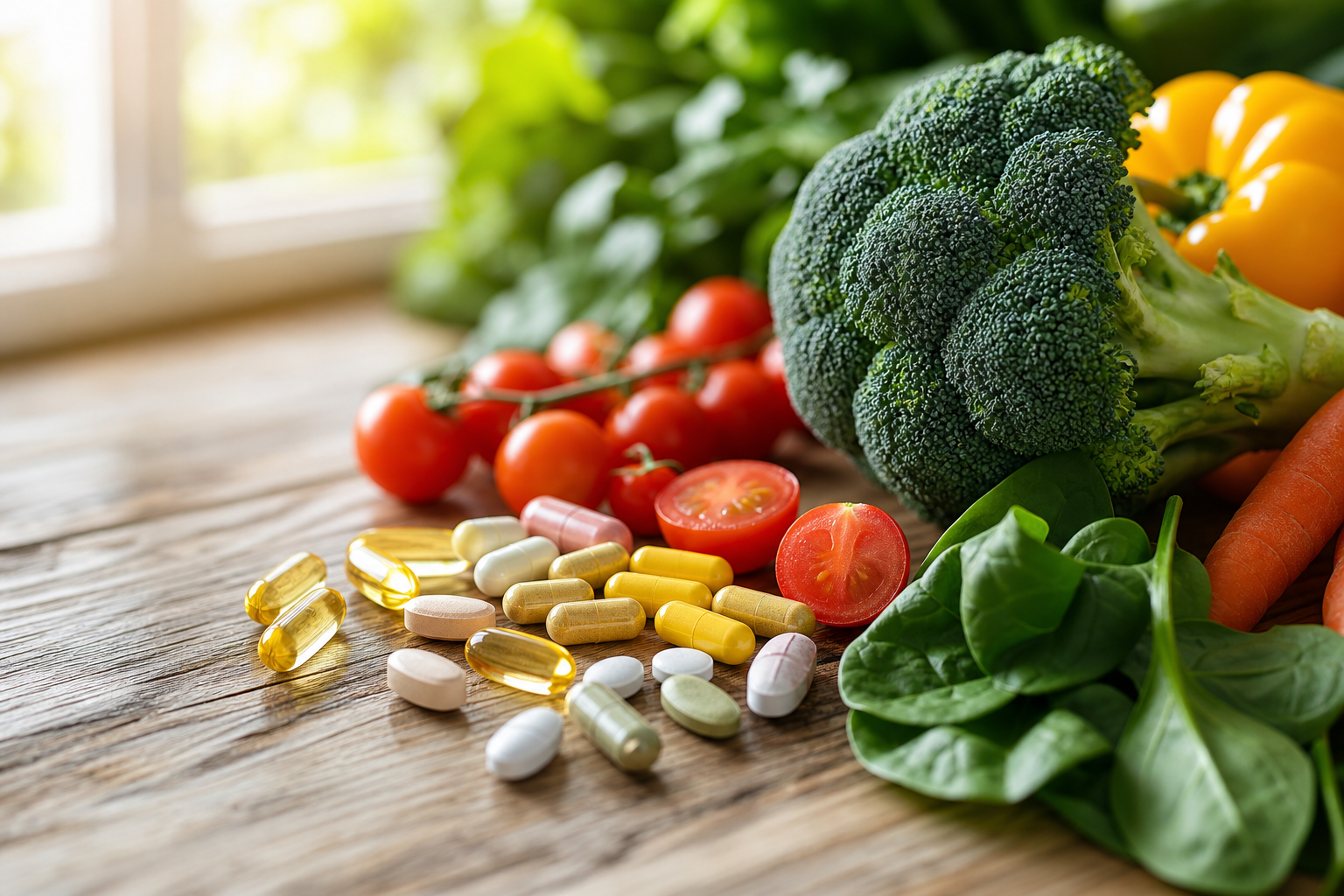 Close-up of vitamins, minerals, and fresh vegetables for joint health on a rustic kitchen table