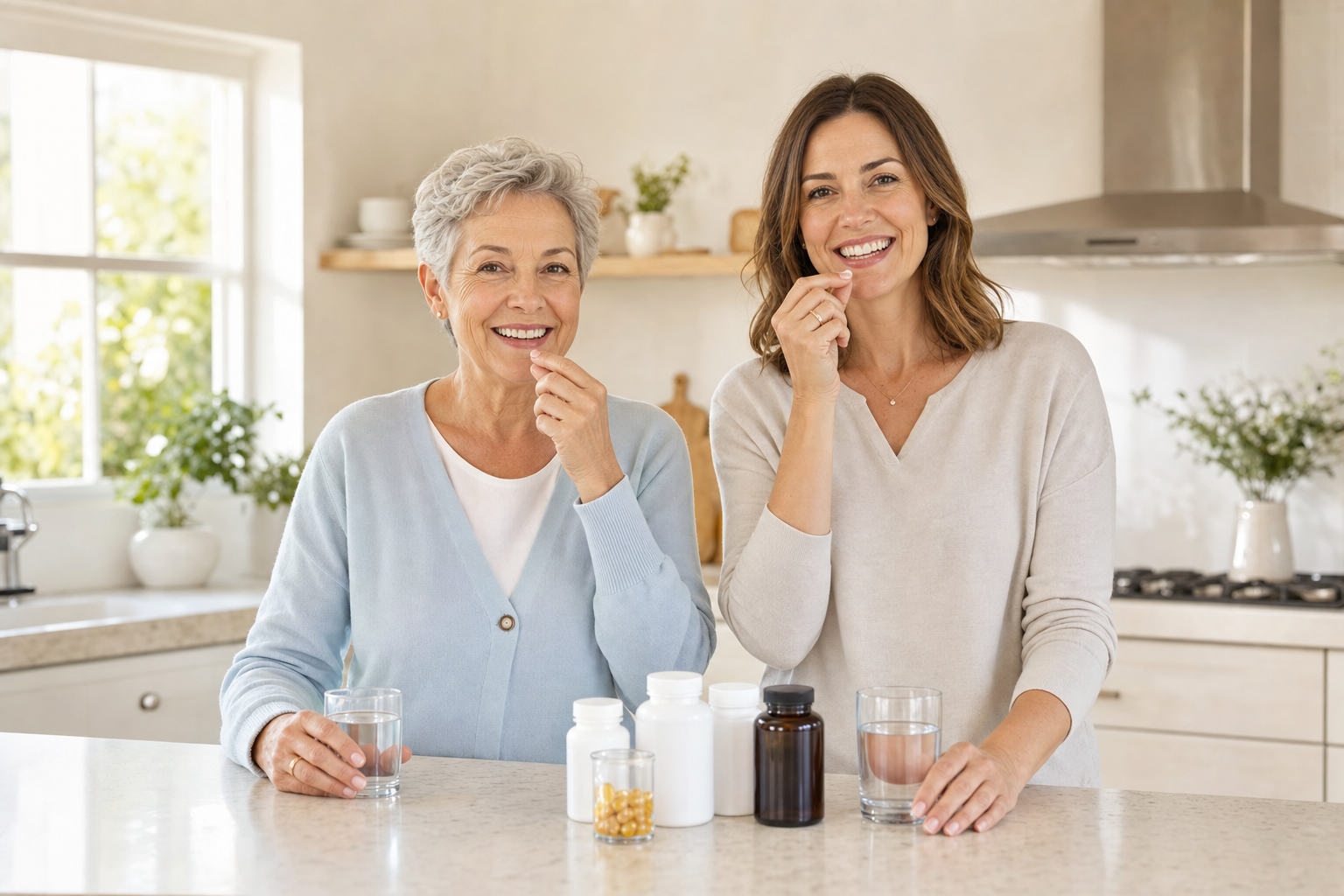Older woman and adult daughter taking vitamins for joint health at kitchen counter