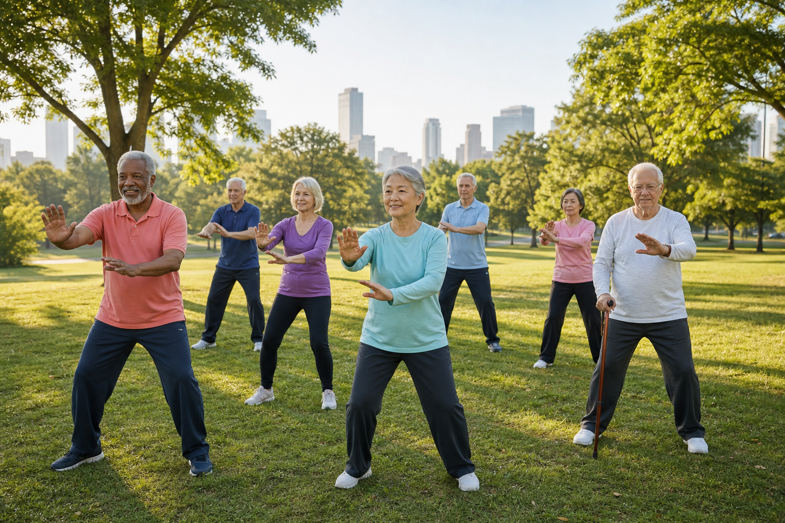 Seniors practicing tai chi in a sunny park for arthritis relief and balance