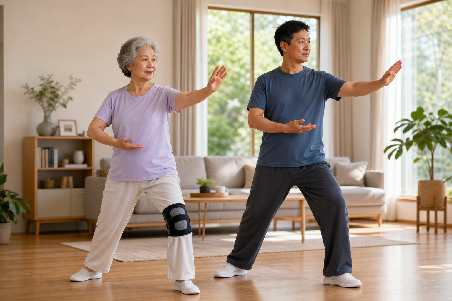 Older woman with knee brace and man doing tai chi indoors for joint health