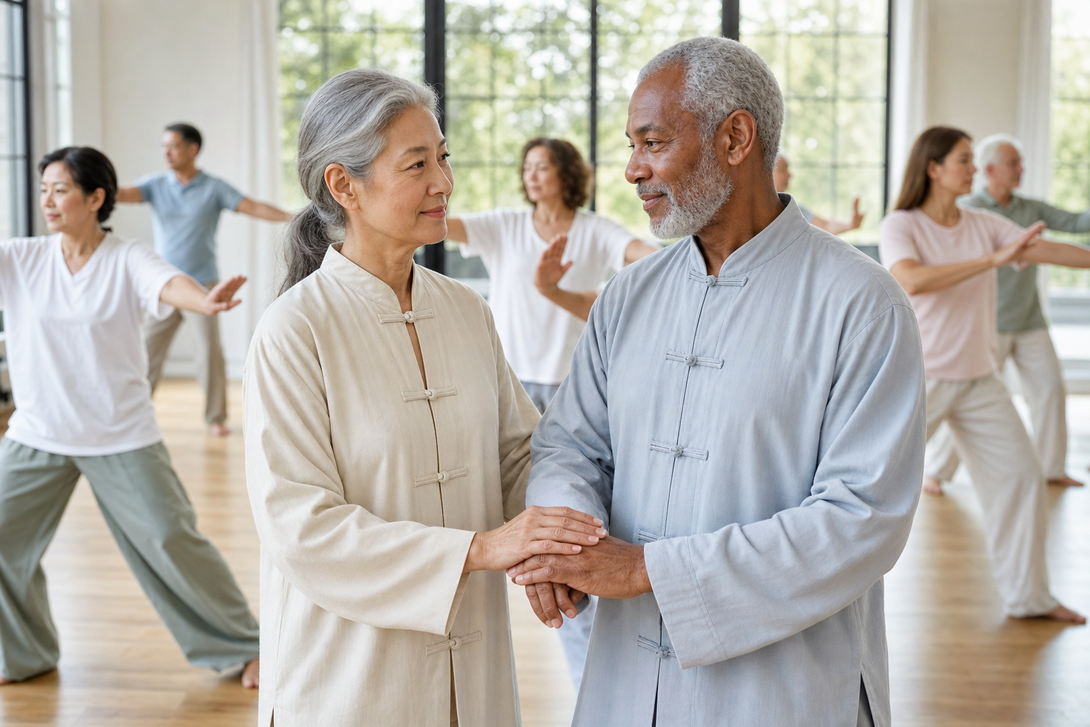 Close-up of hands for stability in tai chi class for arthritis and balance