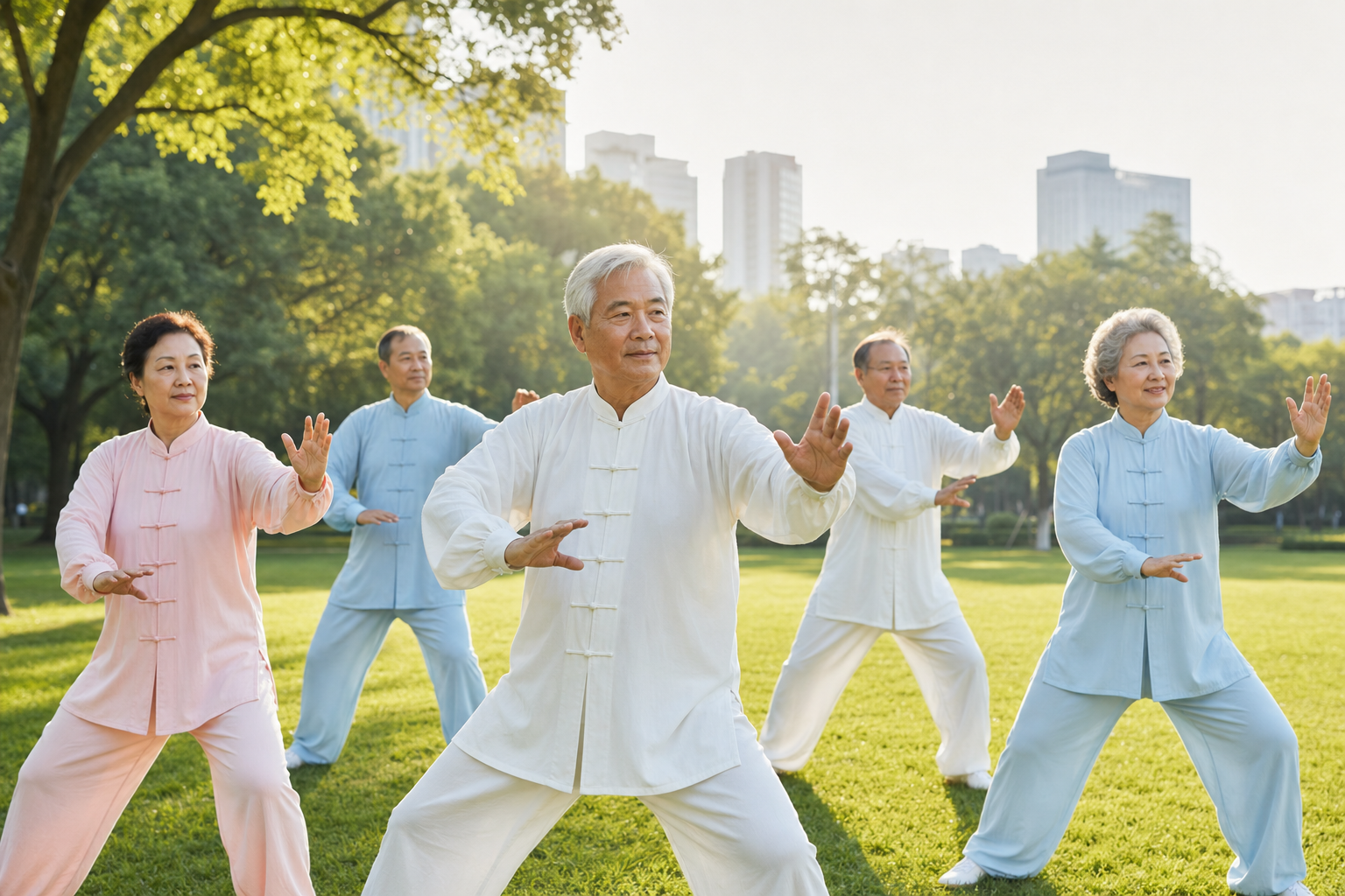 Older adults practicing tai chi in a city park, showing relaxed, focused expressions