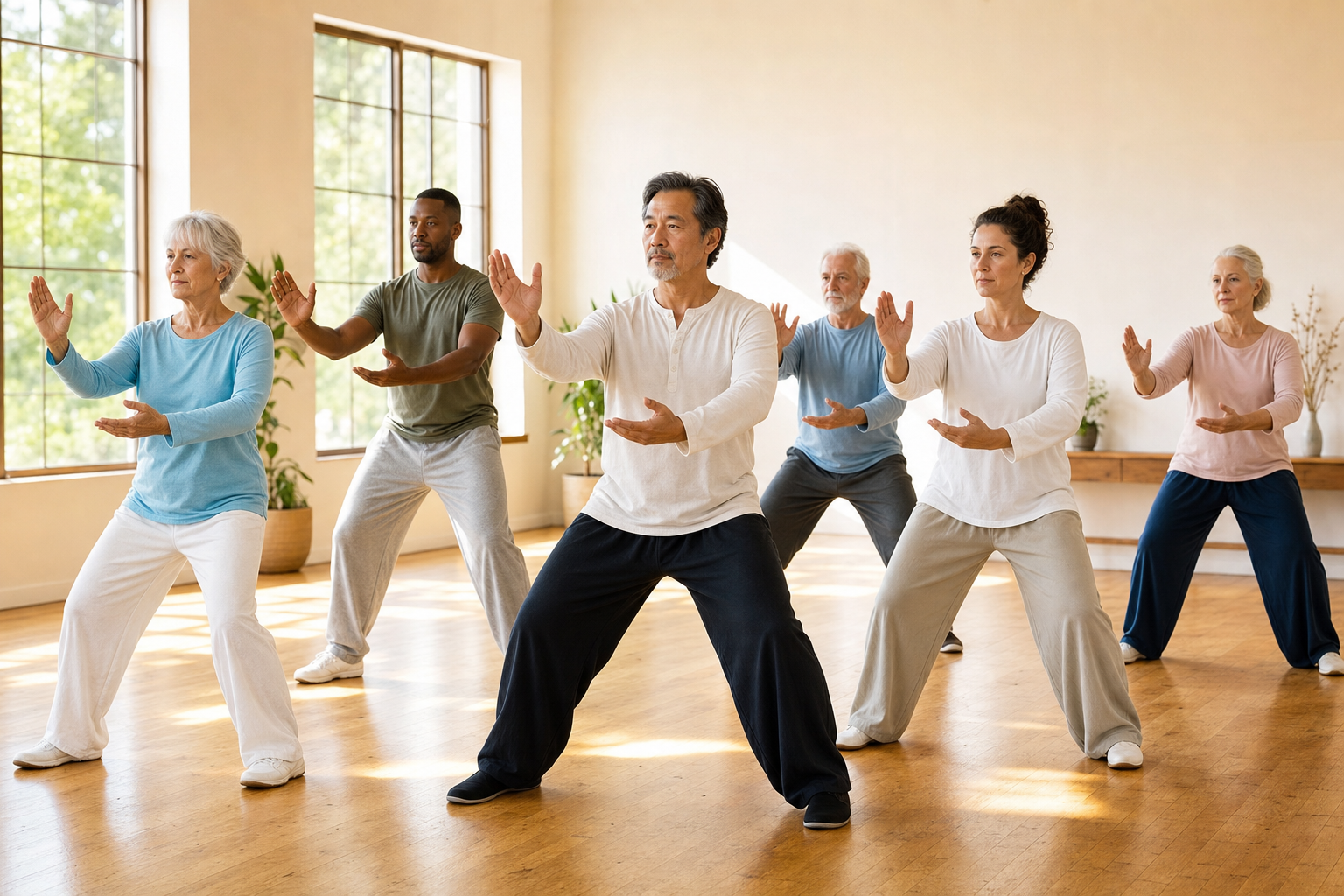 Close-up of hands and knees during tai chi, illustrating gentle joint movement