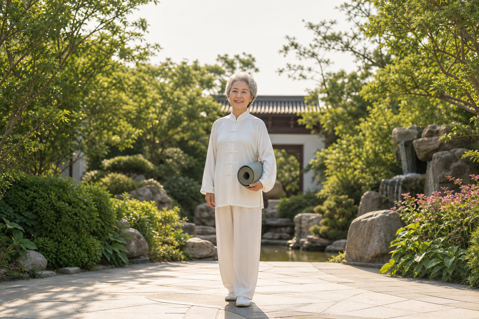Smiling woman in garden after tai chi, representing post-exercise confidence and wellness