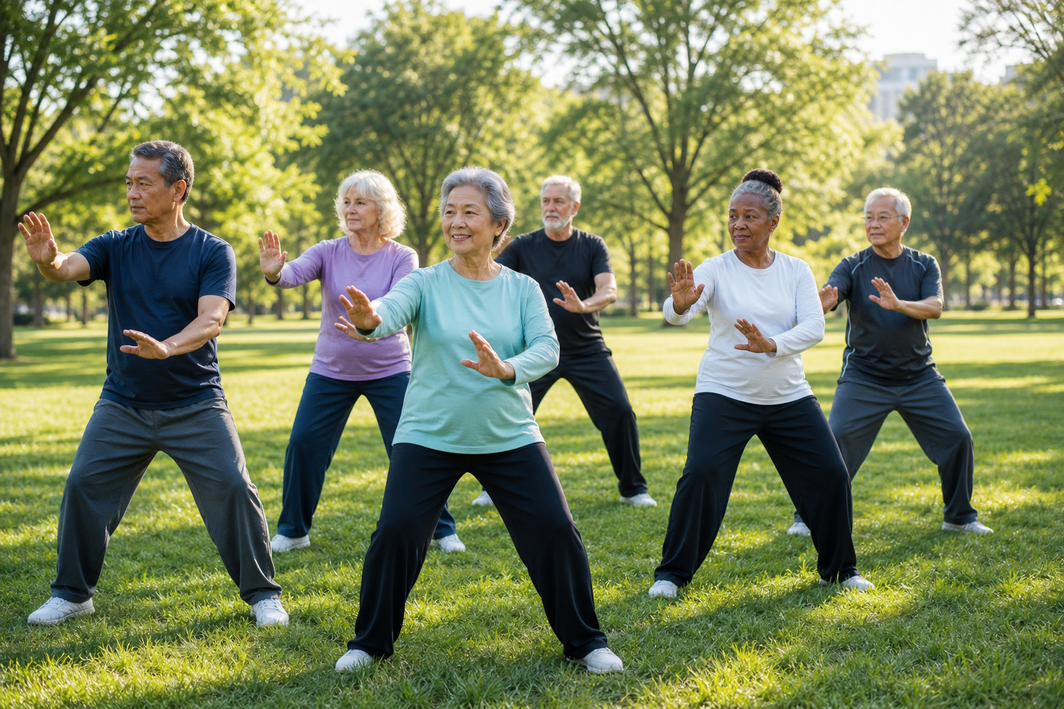 Group of older adults practicing tai chi in park
